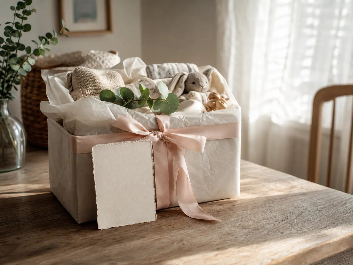 Baby shower gift finished with ribbon and a blank card