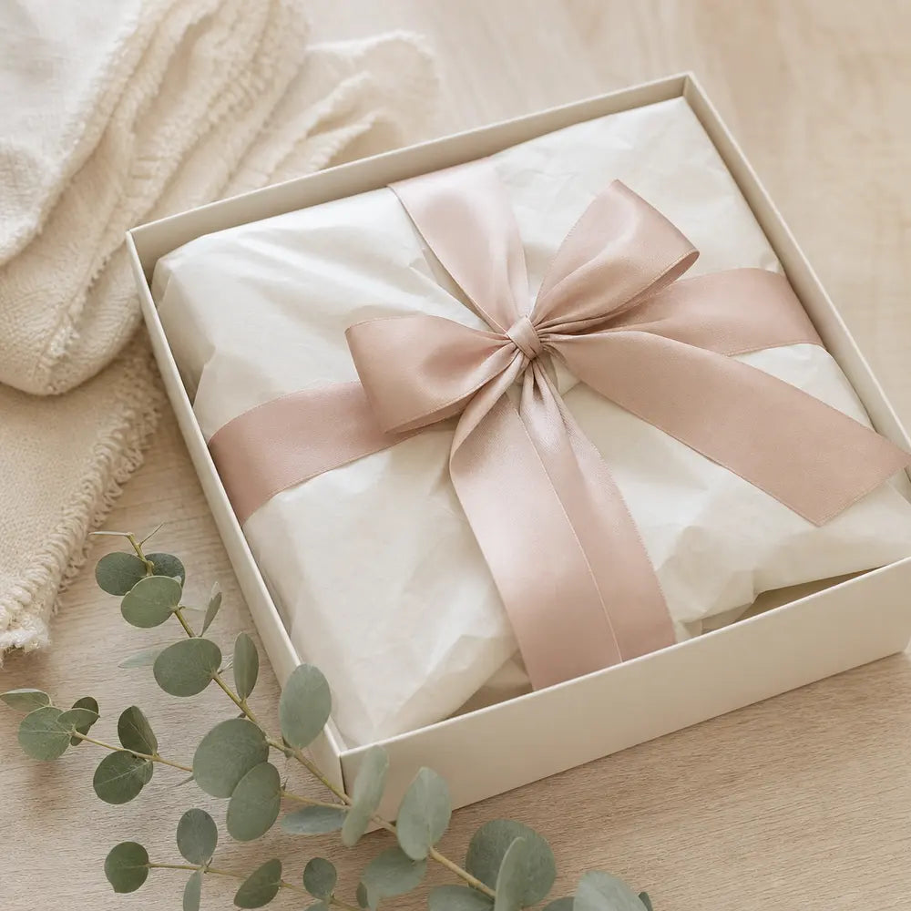 Ivory gift box wrapped with tissue paper and blush ribbon