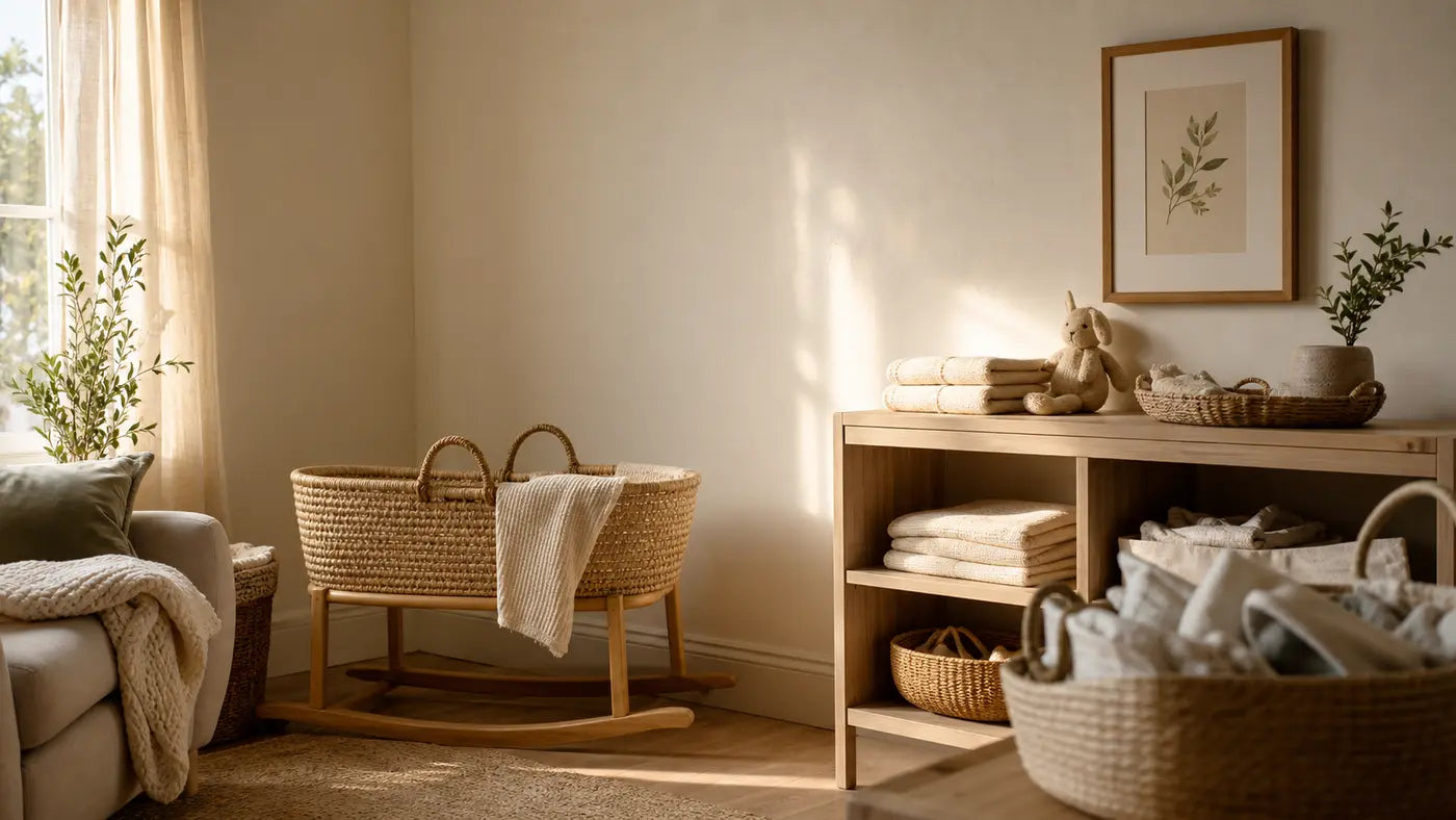 Warm nursery corner with a woven bassinet in golden-hour light