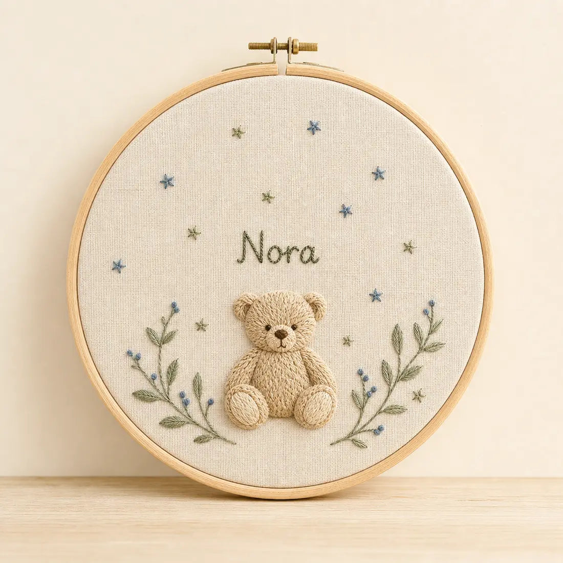 Teddy bear personalized name hoop on a warm ivory background